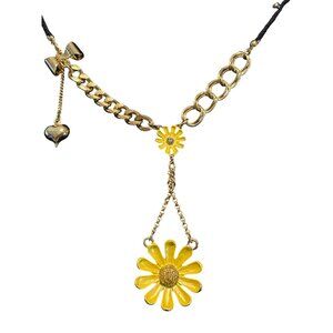 Vintage Betsey Johnson Daisy Necklace With Heart & Flower Charms Gold-Tone Chain